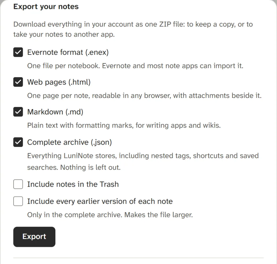 Settings with the Export your notes section: Evernote format, web pages, Markdown and a complete archive.