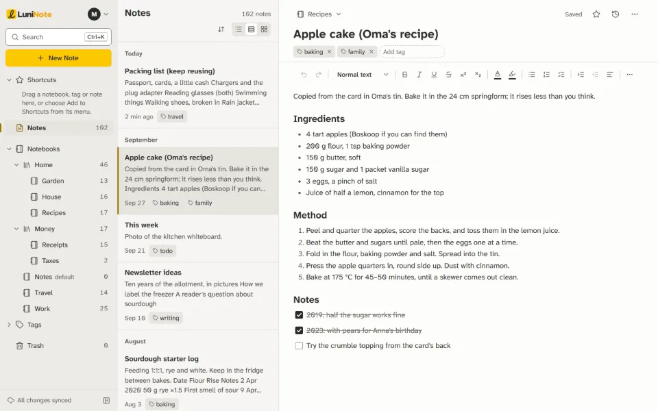 LuniNote with an archive of notes: notebooks and stacks, a list of notes, and a recipe open to read.