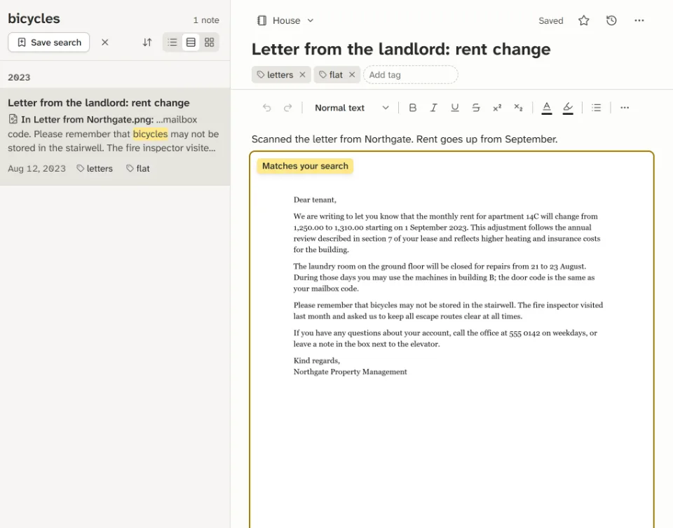 A search for “bicycles” finds a scanned letter; the result names the picture it was found in, and the note opens with the scan marked.